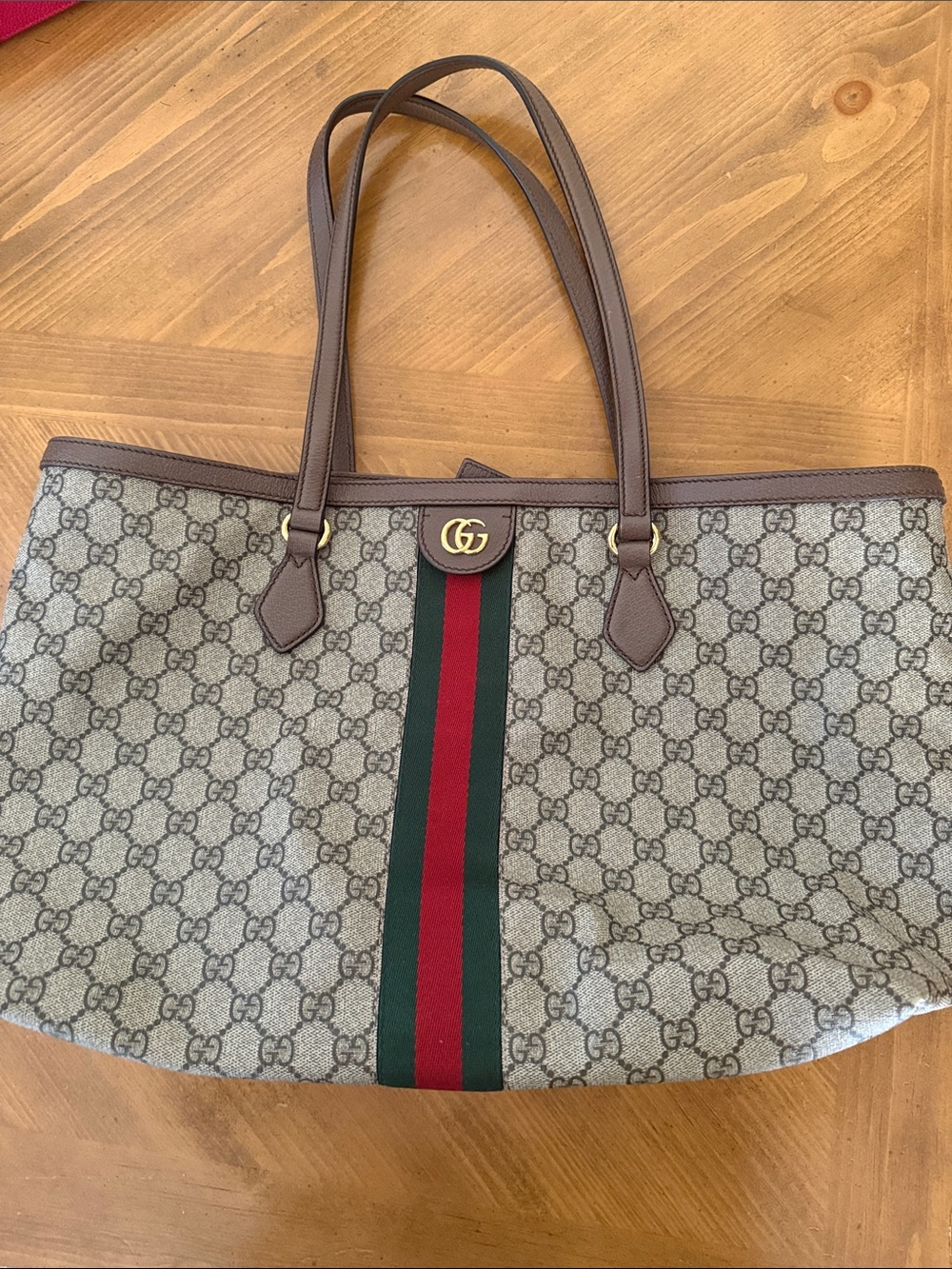 Gucci Beige GG Supreme Canvas Tote with Red & Green Web Stripe and Brown Trim